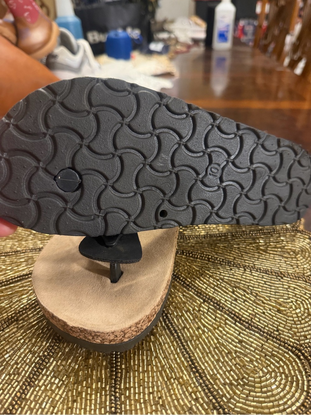 Black Cork-Style Toe-Post Sandals with Gold Accent - Picture 4 of 6